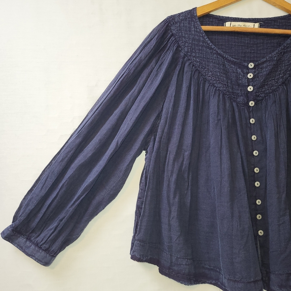 We The Free Navy Blue Smocked Button-Front Peasant Blouse - Picture 8 of 9